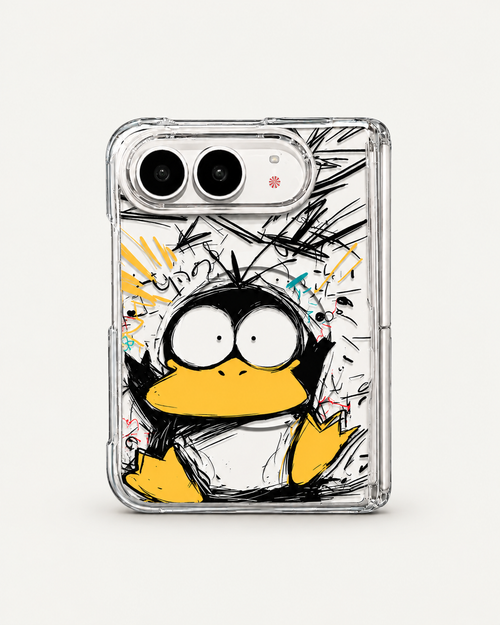 Graffiti Duck case for iPhone Duo — straight-on rear studio view