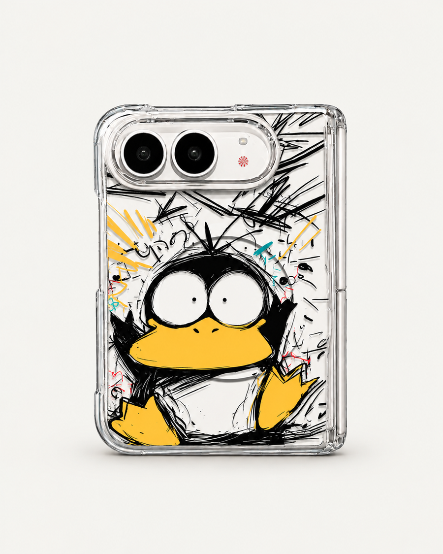 Graffiti Duck case for iPhone Duo — straight-on rear studio view