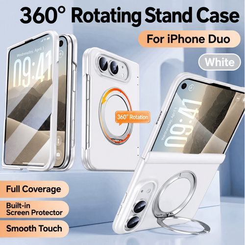 Matte Rotating Stand Case for iPhone Duo — White / Clear Screen English supplier view