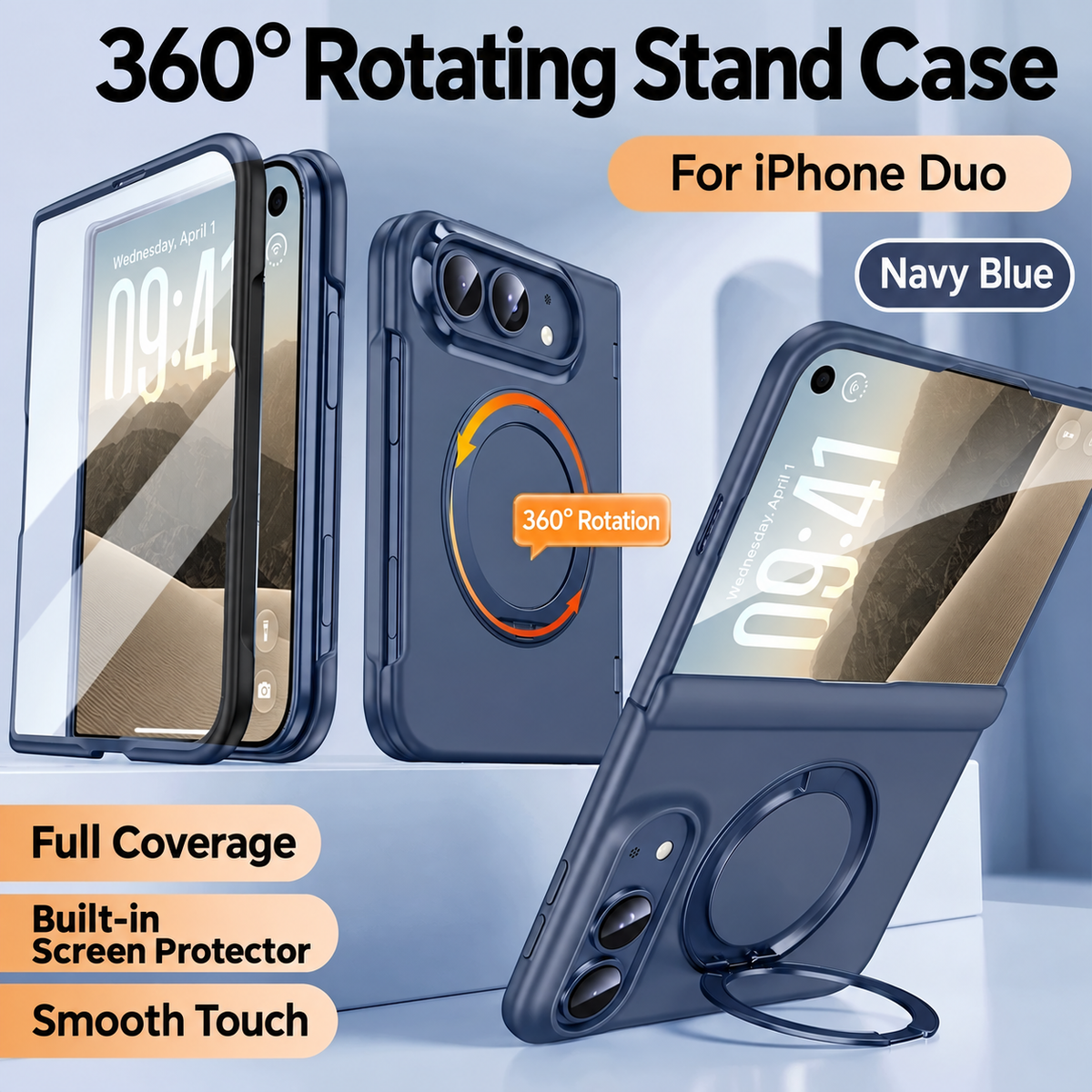 Matte Rotating Stand Case for iPhone Duo — Navy Blue / Clear Screen English supplier view