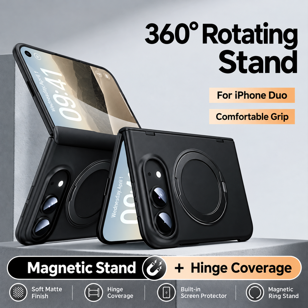Matte Rotating Stand Case for iPhone Duo — Black / Privacy Screen English supplier view