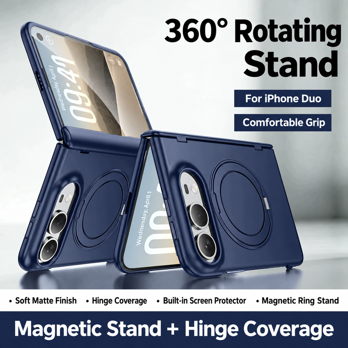 Matte Rotating Stand Case for iPhone Duo — Navy Blue / Privacy Screen English supplier view