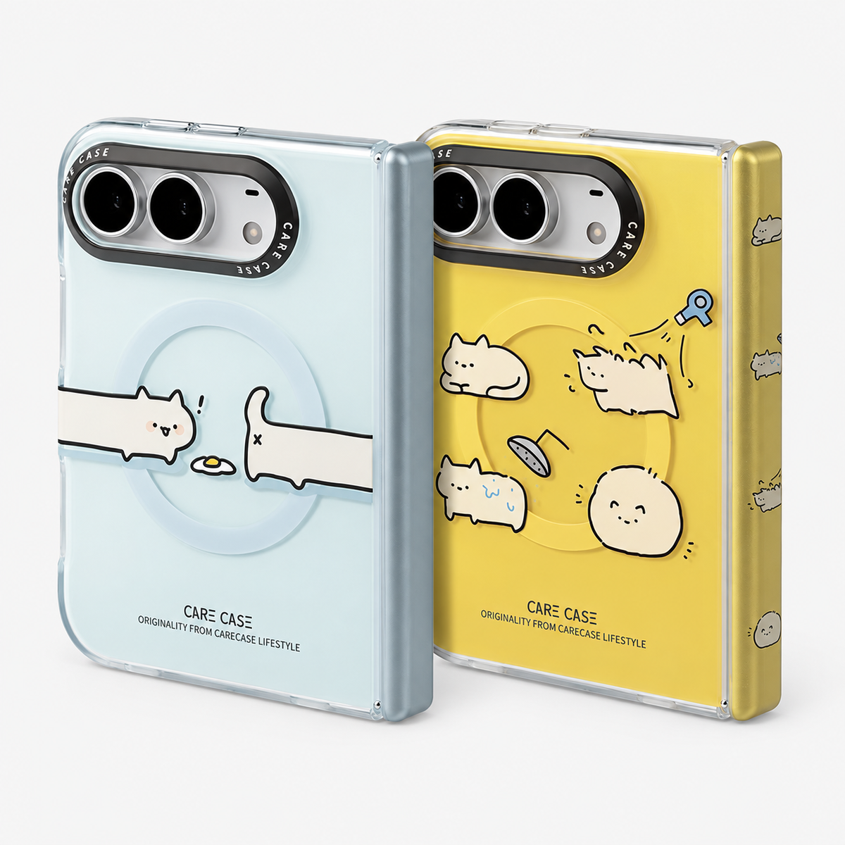 Pale blue and yellow cat-pattern folding phone cases with side hinge covers